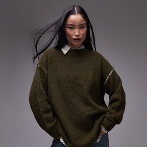 Topshop Contrast Seam Oversized Sweater in Khaki